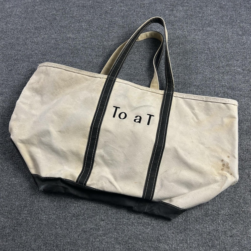 L.L.Bean Boat And Tote Bag Large Beige Black Canvas Zip Top TO A T Embroidered